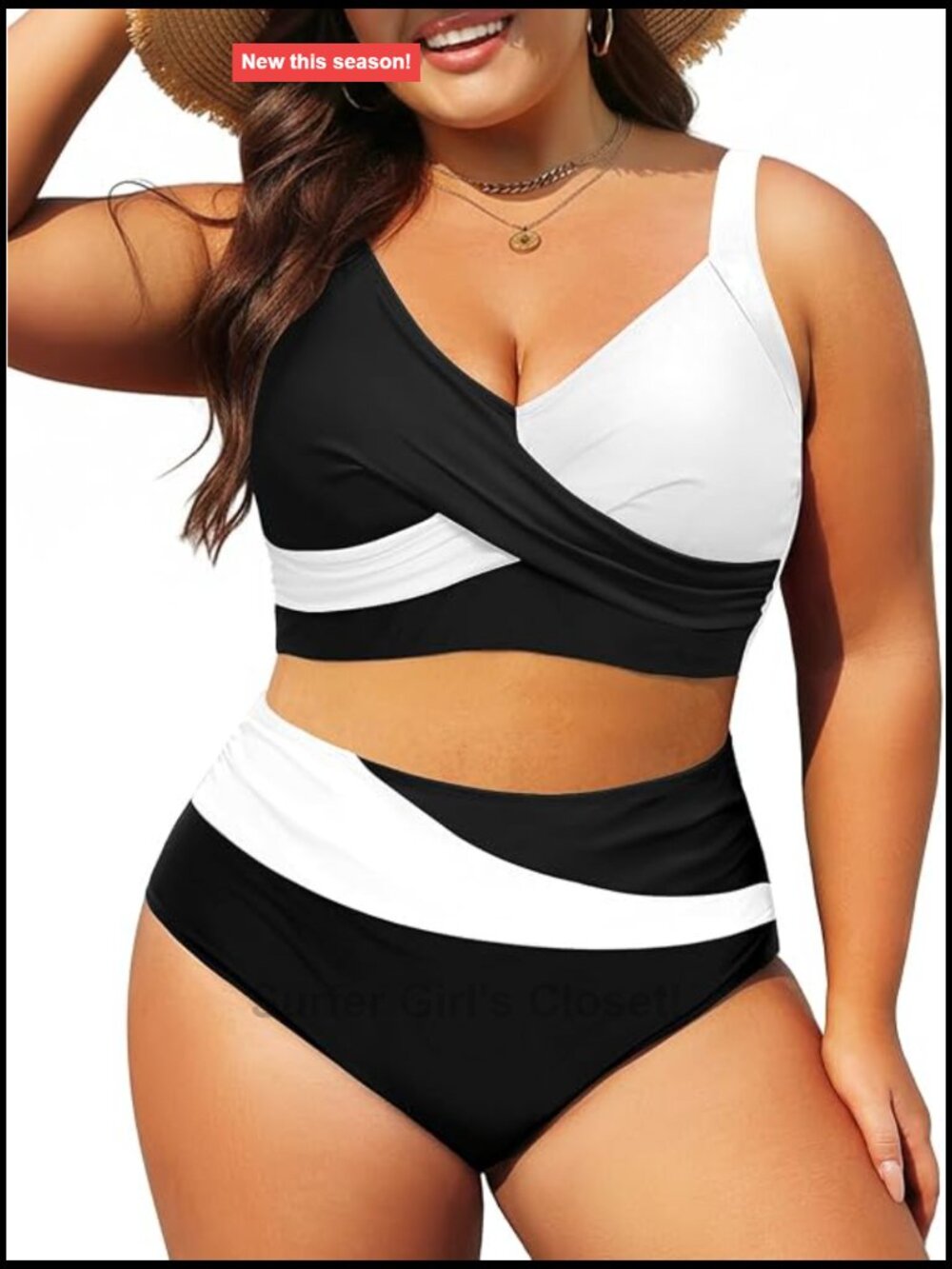 Plus Size High Waisted Tummy Control Colorblock Bikini with V-Neck Twist Front